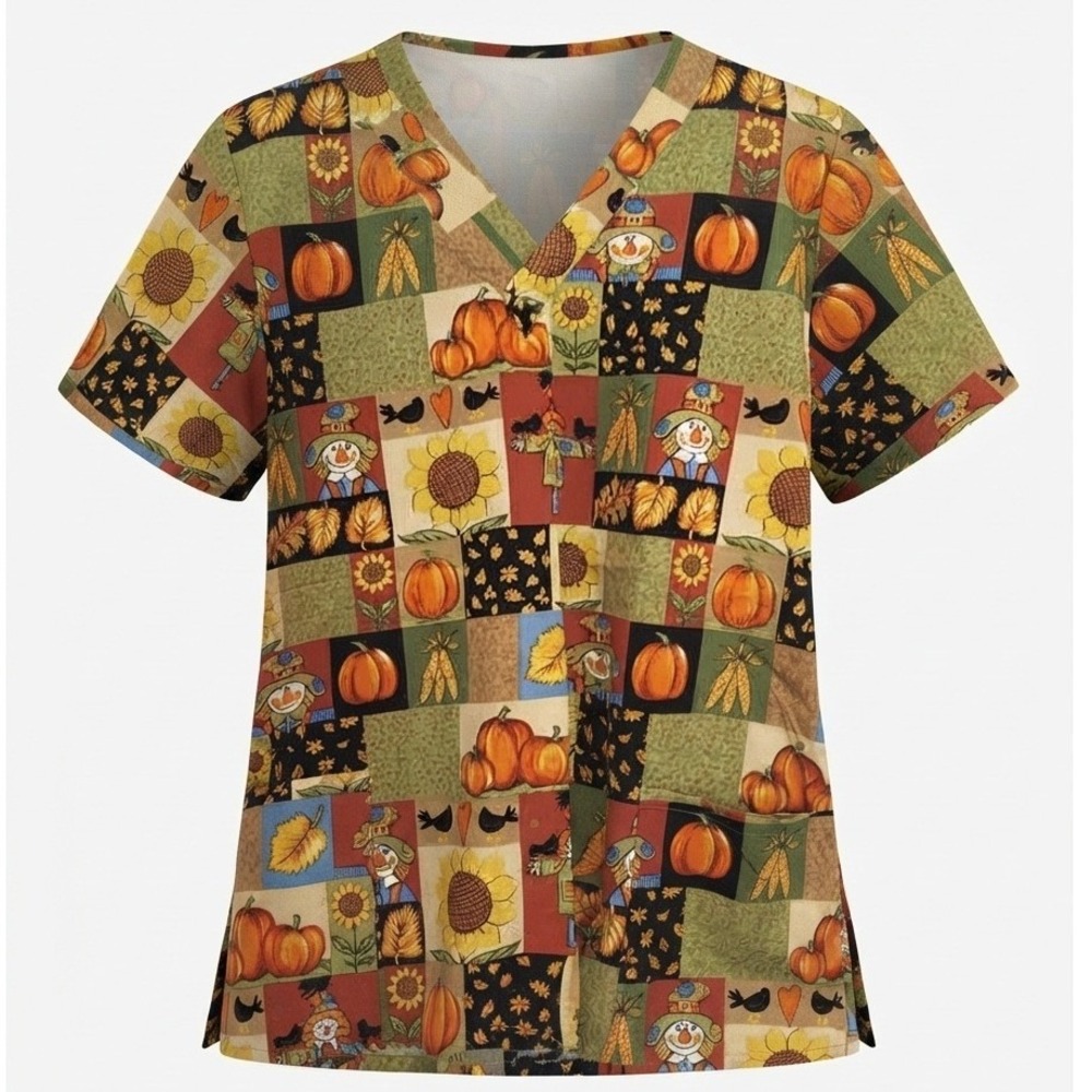 Scrub Wear Fall Pumpkin Scarecrow Sunflower Patchwork Scrub Top Large Cotton